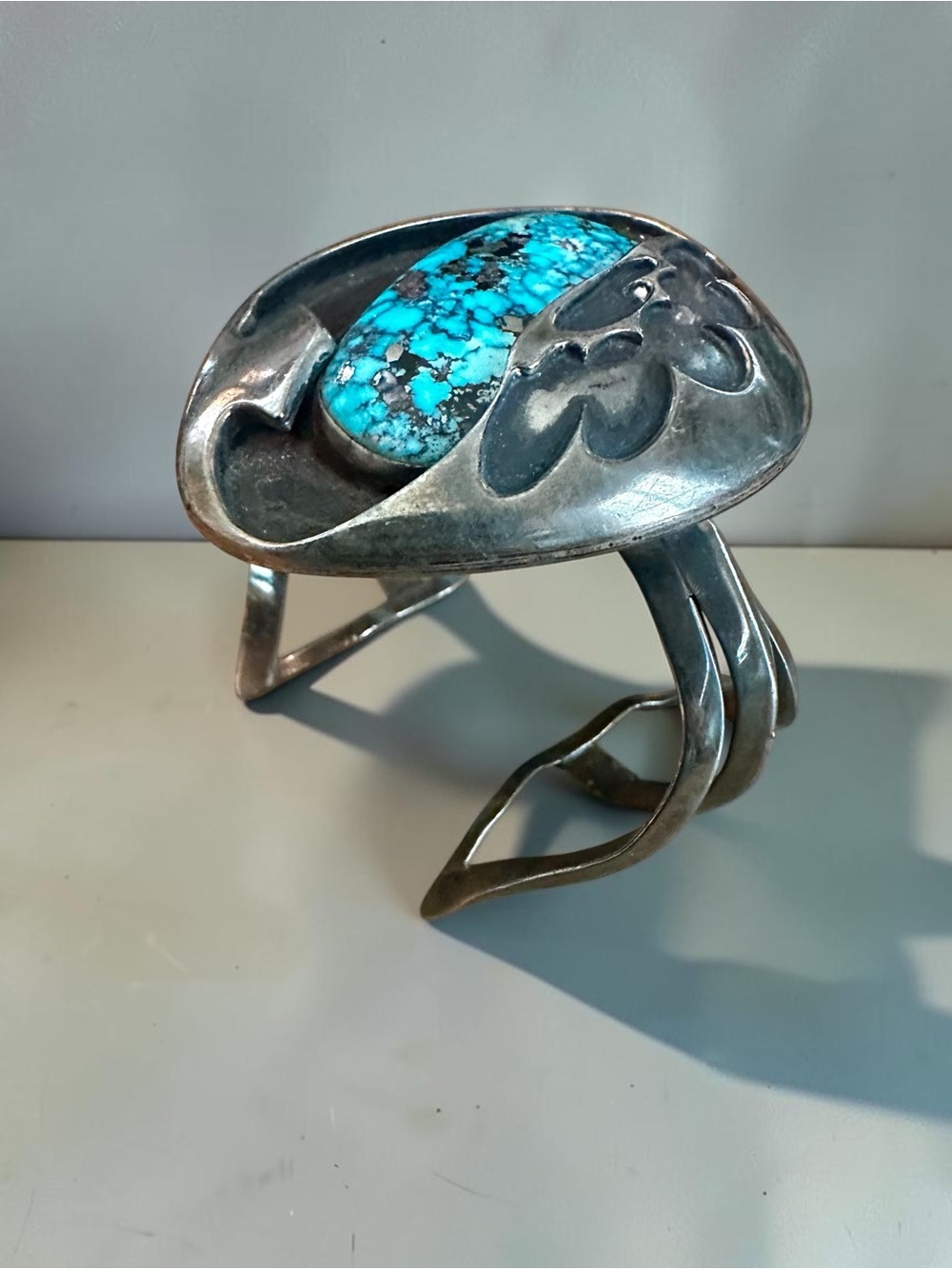 Vintage Sterling Silver Turquoise Sculptural Cuff Bracelet 3.17oz